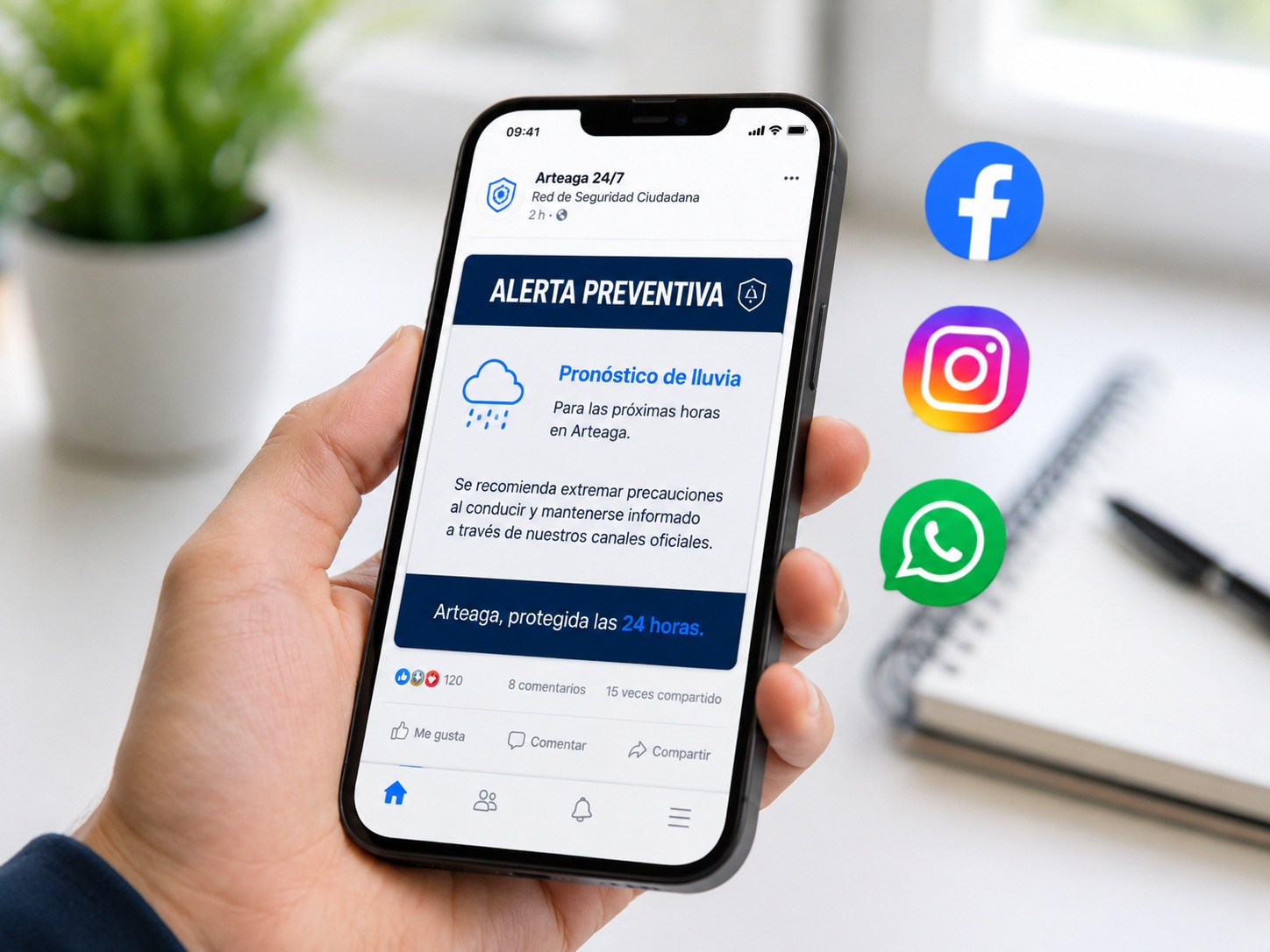 Publicación de alerta en redes sociales desde el teléfono